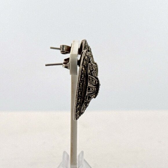 Vintage Sterling Silver 925 Marcasite Oval Post Earrings Estate 10.5g Art Deco - Picture 2 of 9